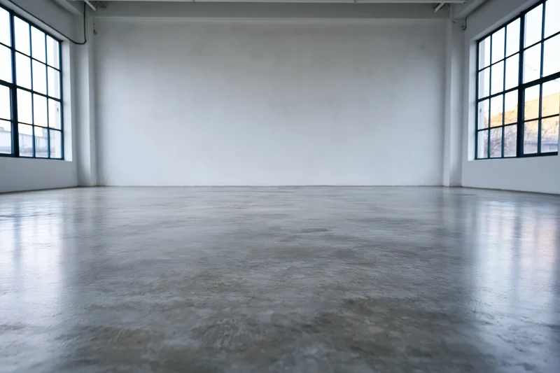 Empty industrial studio space with polished concrete floor and large windows