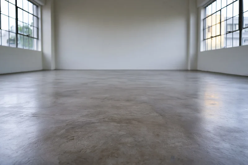 Empty industrial studio space with polished concrete floor and large windows letting in natural light