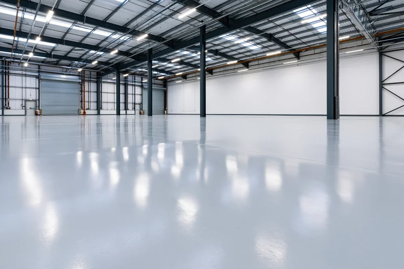 Empty industrial warehouse interior with polished white floor and high ceiling supported by metal beams