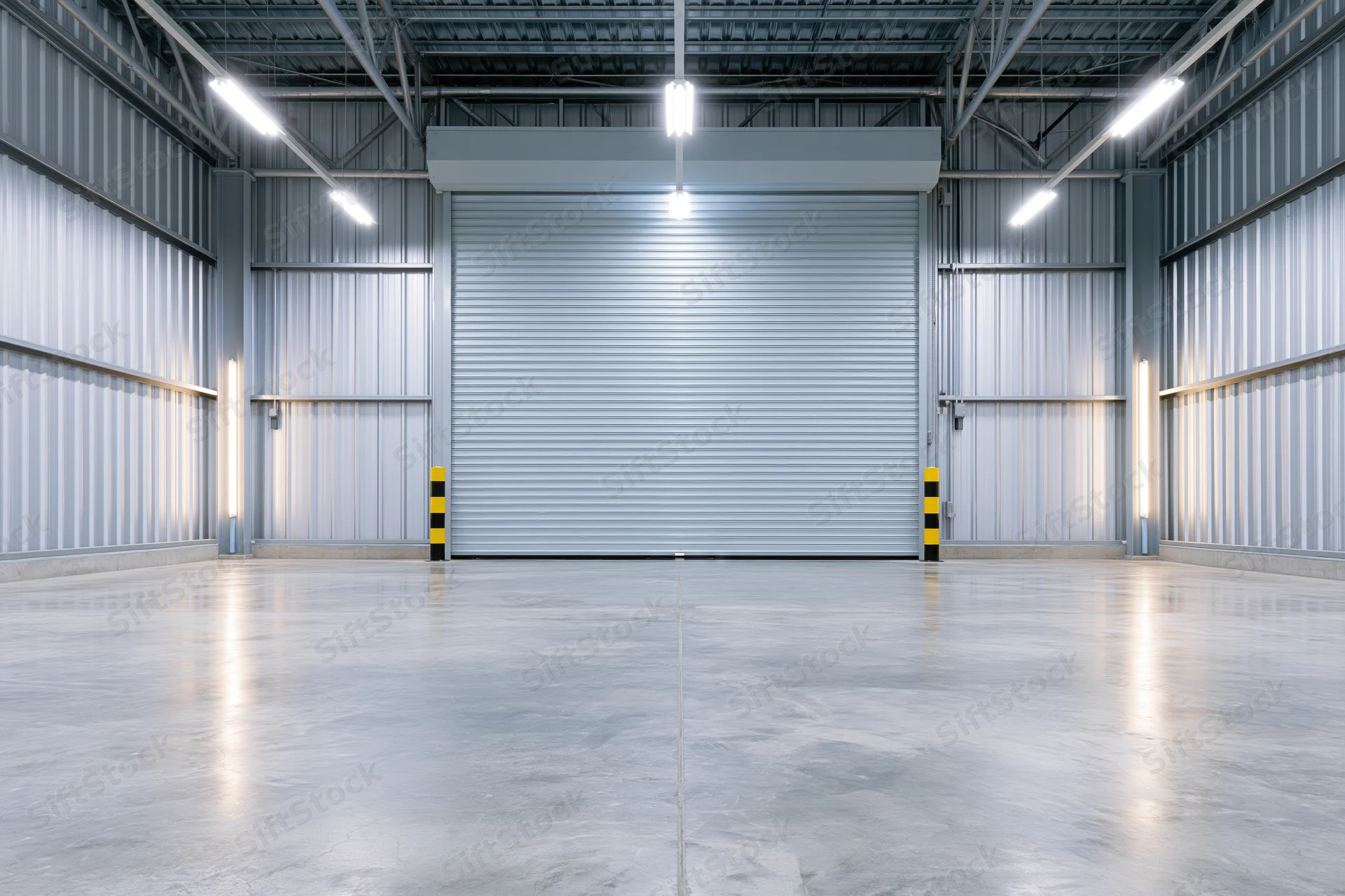 Empty industrial warehouse interior with concrete floor and metal roller door, symmetric wide view