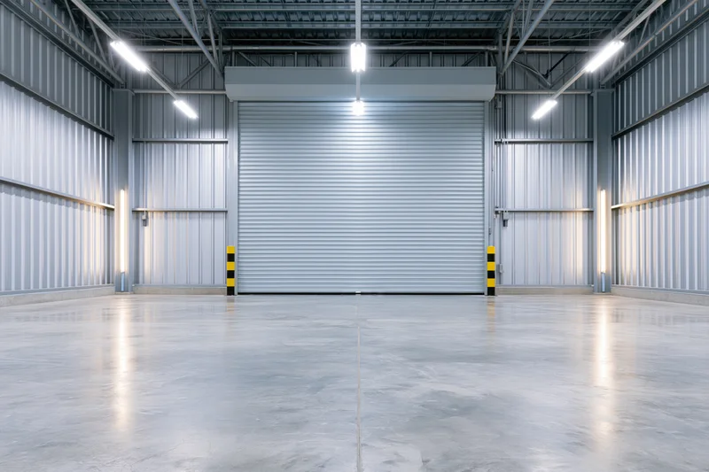 Empty industrial warehouse interior with concrete floor and metal roller door, symmetric wide view