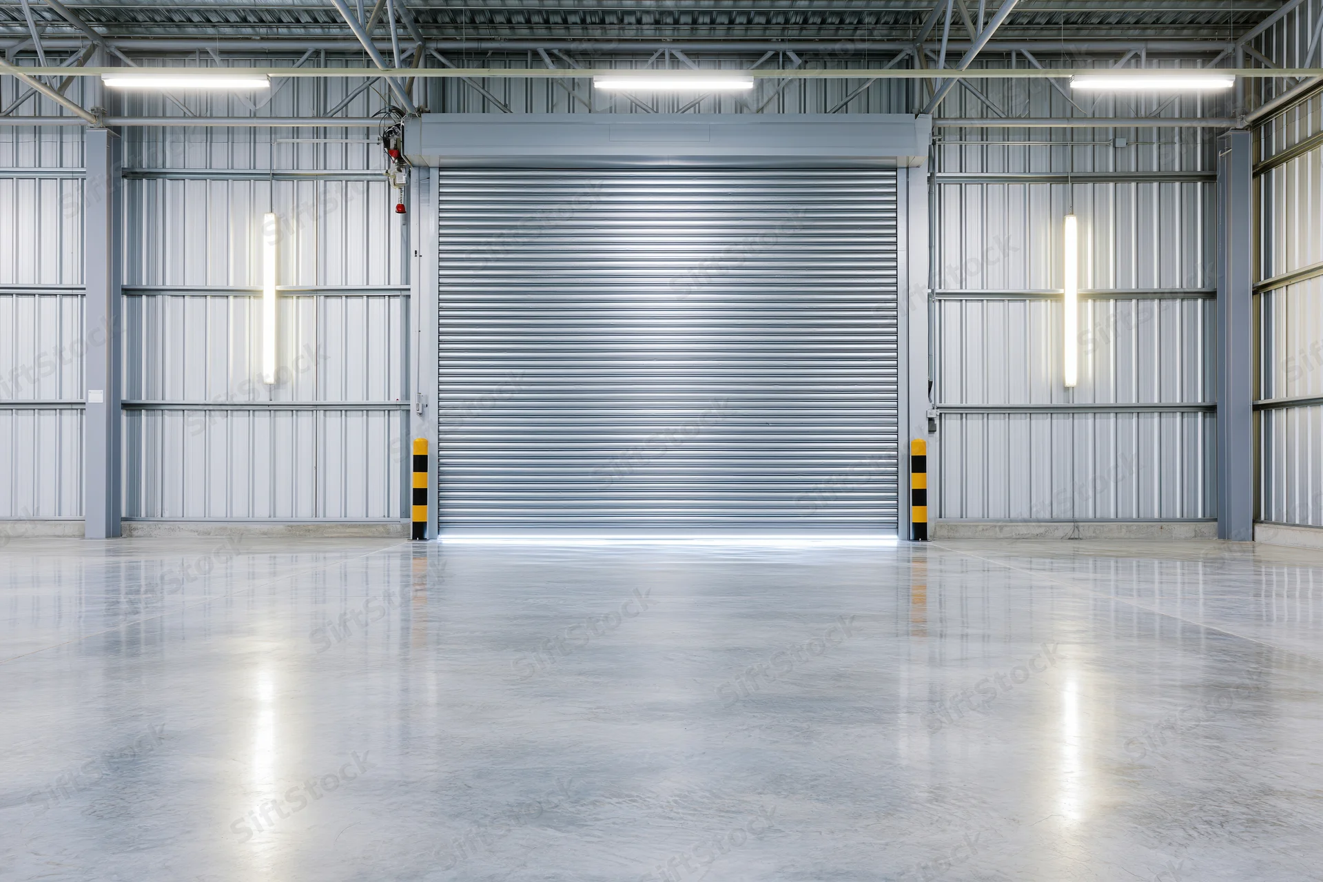 Empty industrial warehouse interior with symmetrical layout and polished concrete floor