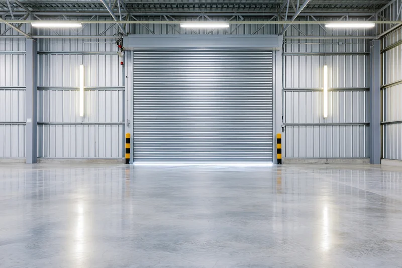 Empty industrial warehouse interior with symmetrical layout and polished concrete floor