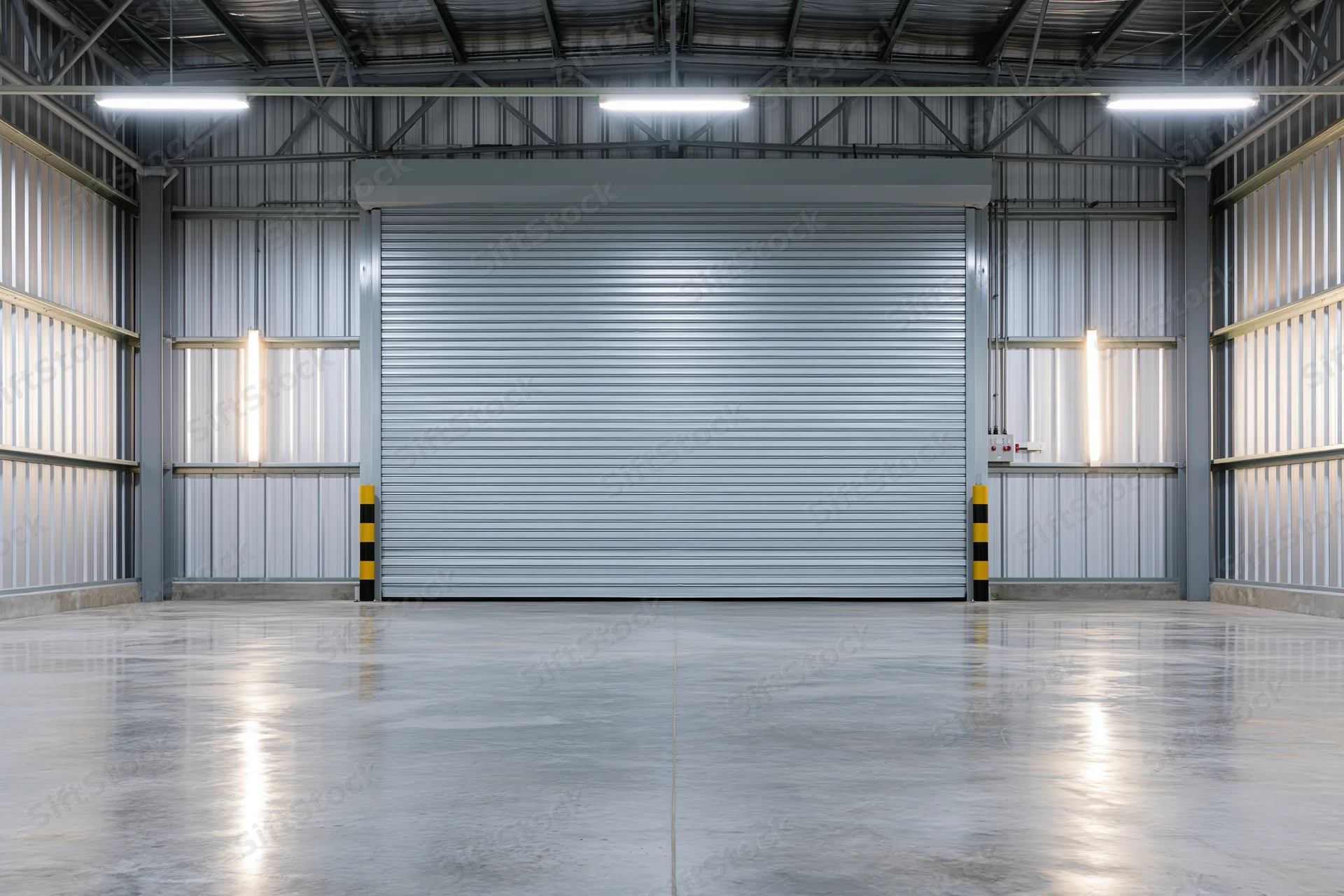 Empty industrial warehouse interior with closed metal roller shutter door and polished concrete floor