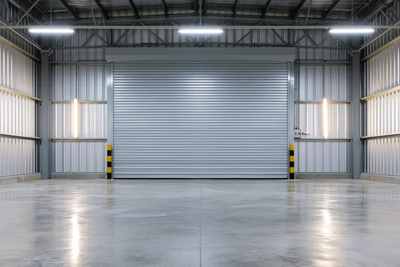 Empty industrial warehouse interior with closed metal roller shutter door and polished concrete floor