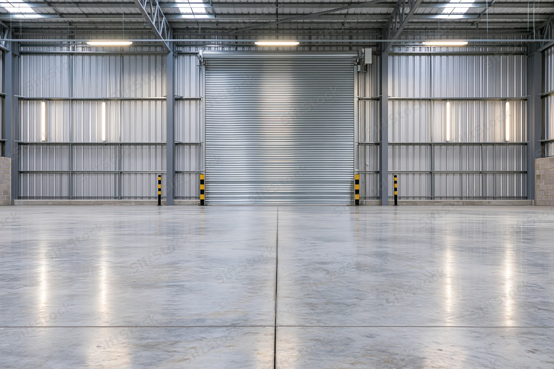 Empty industrial warehouse interior with concrete floor and metal roller door, symmetric wide view