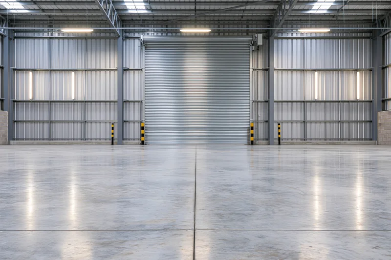 Empty industrial warehouse interior with concrete floor and metal roller door, symmetric wide view