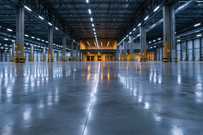 Empty industrial warehouse interior with polished concrete floor and steel beams extending into the distance