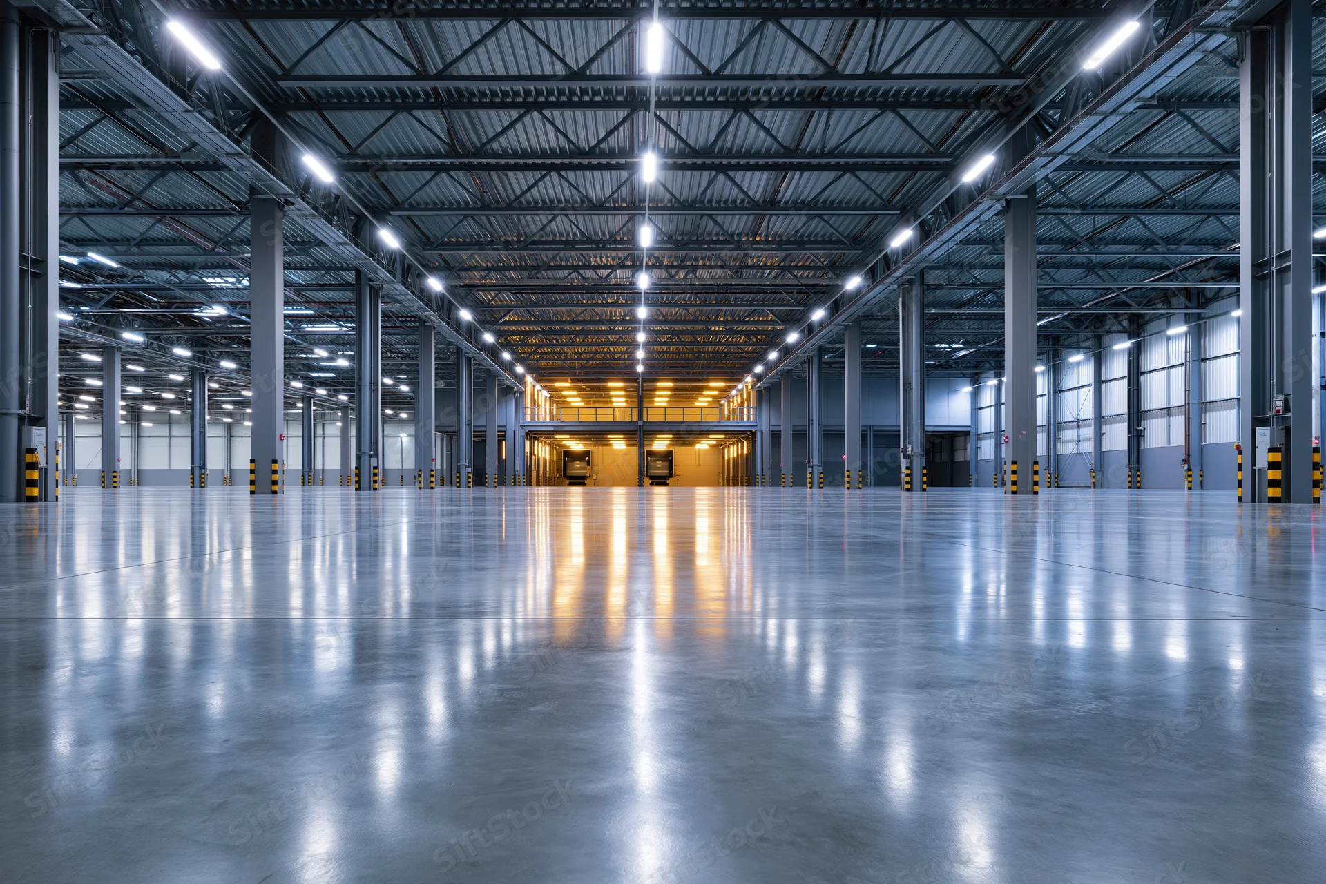 Empty industrial warehouse interior with polished concrete floor and steel framework extending into the distance