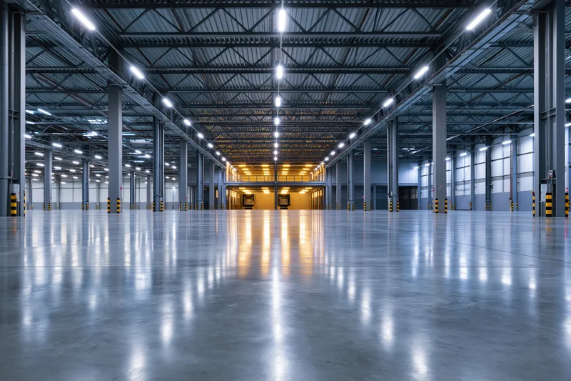 Empty industrial warehouse interior with polished concrete floor and steel framework extending into the distance