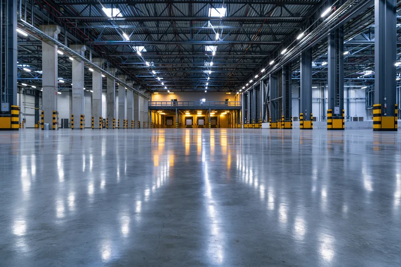 Empty industrial warehouse interior with polished concrete floor and steel framework extending into the distance