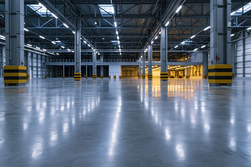 Empty industrial warehouse interior with polished concrete floor and steel framework viewed from wide angle