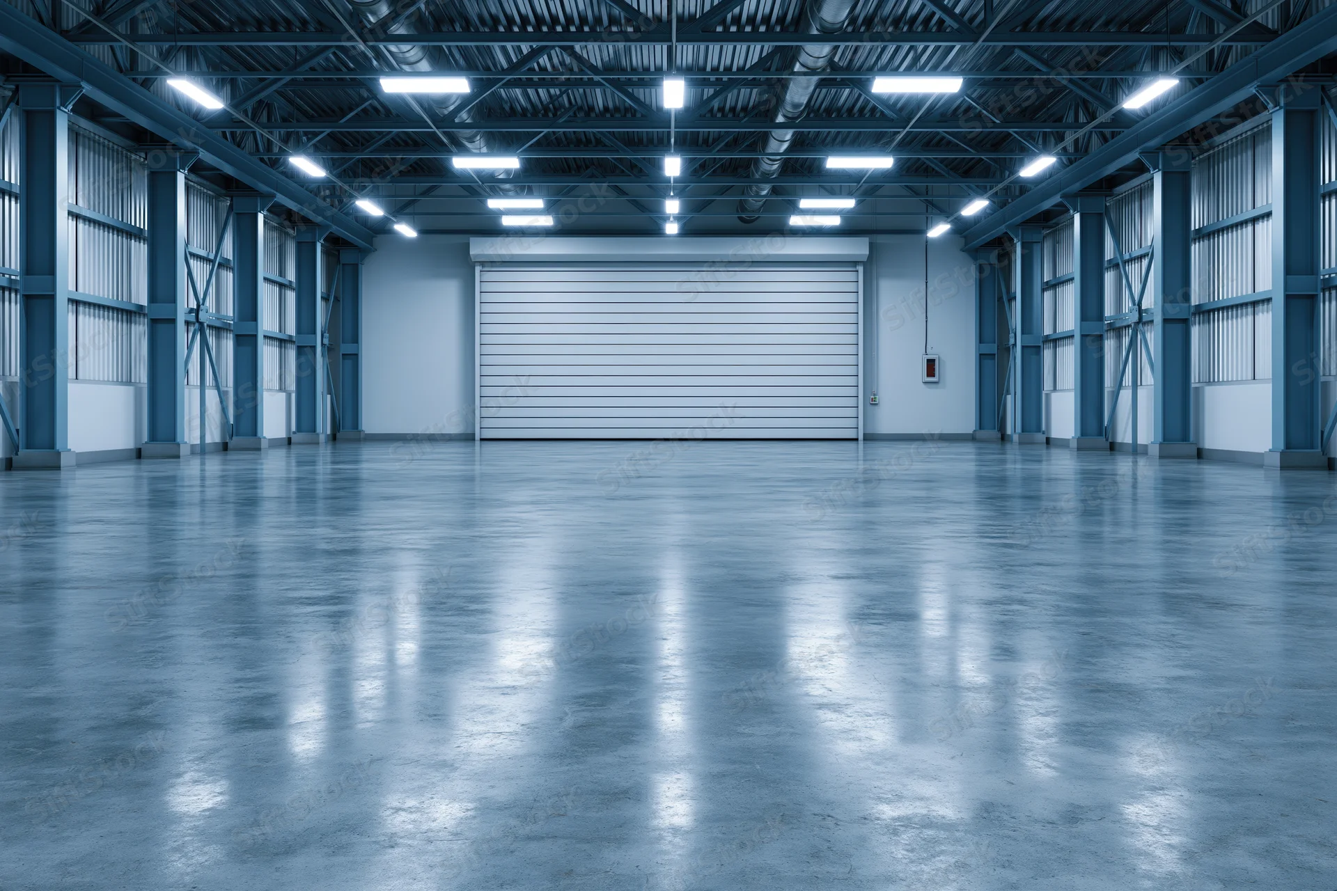 Empty industrial warehouse interior with polished concrete floor and metal framework under fluorescent lighting