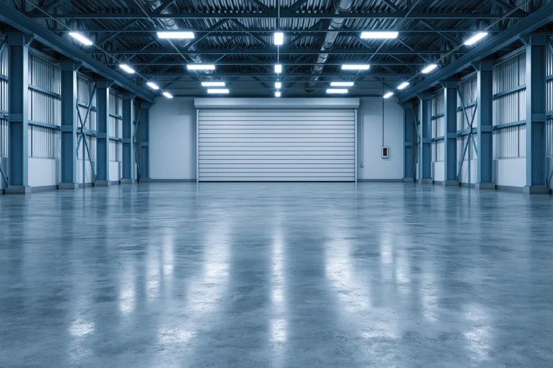 Empty industrial warehouse interior with polished concrete floor and metal framework under fluorescent lighting