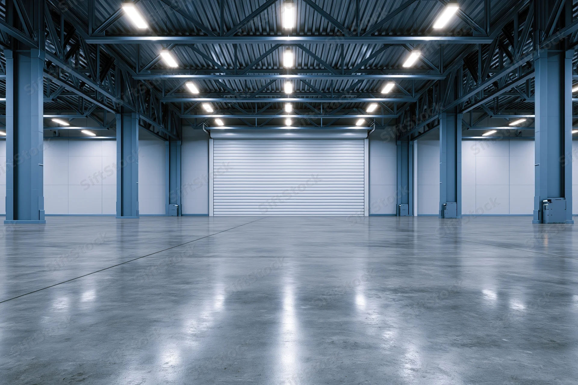 Empty industrial warehouse interior with polished concrete floor and steel framework, wide symmetrical view