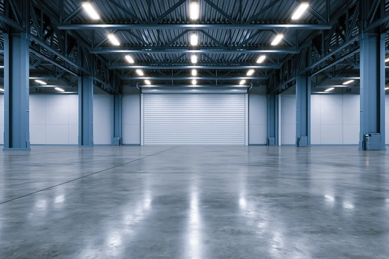 Empty industrial warehouse interior with polished concrete floor and steel framework, wide symmetrical view