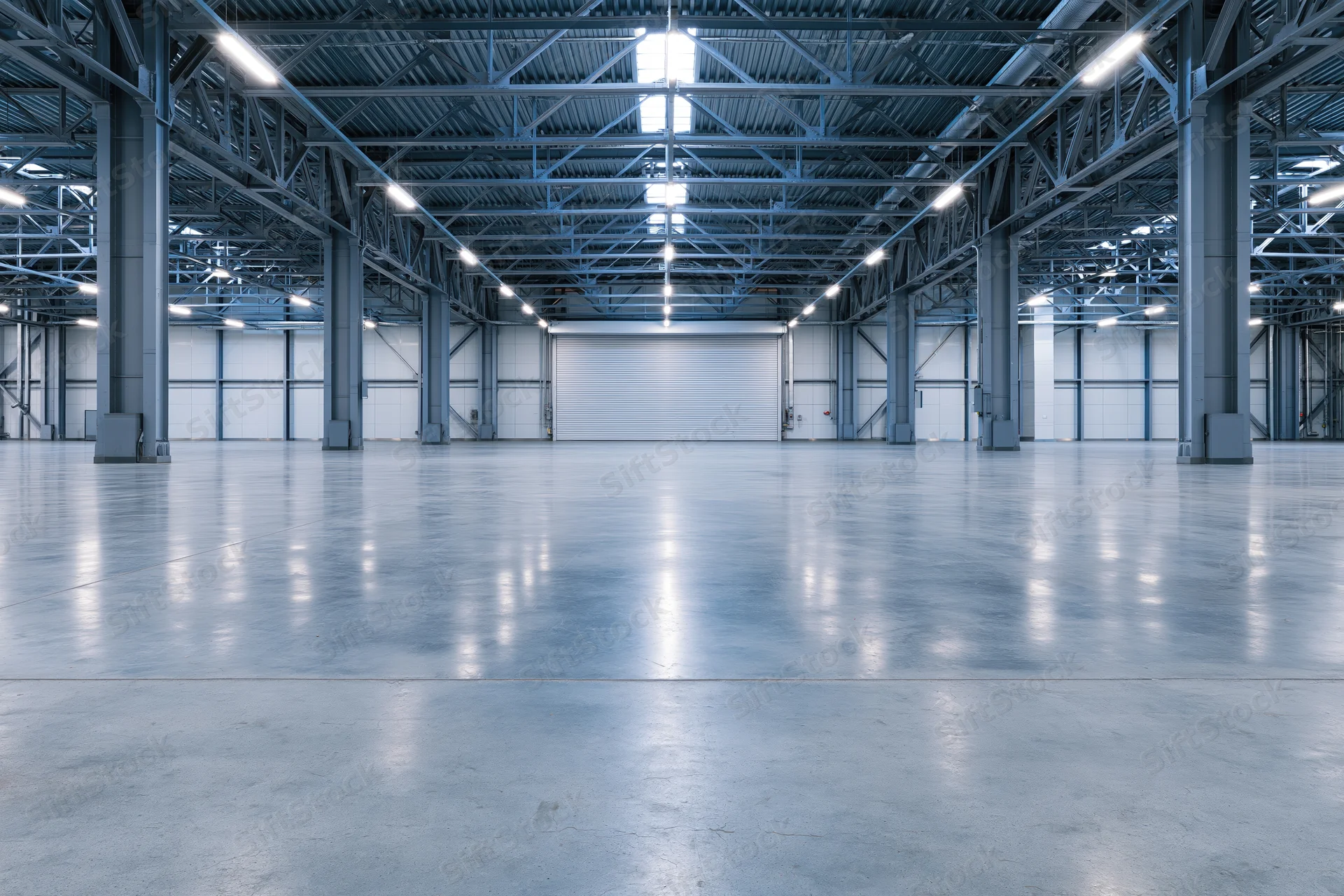 Empty industrial warehouse interior with symmetrical steel framework and polished concrete floor