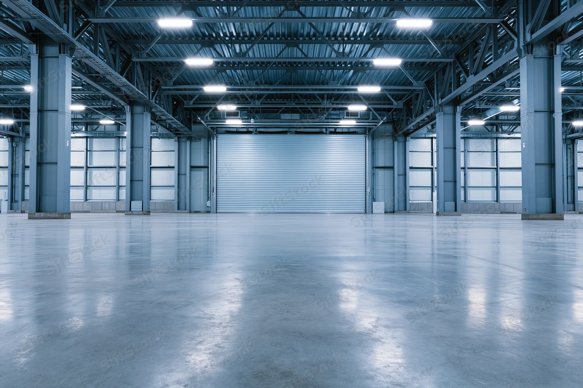 Empty industrial warehouse interior with symmetrical steel beams and concrete floor under fluorescent lighting