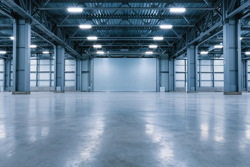 Empty industrial warehouse interior with symmetrical steel beams and concrete floor under fluorescent lighting
