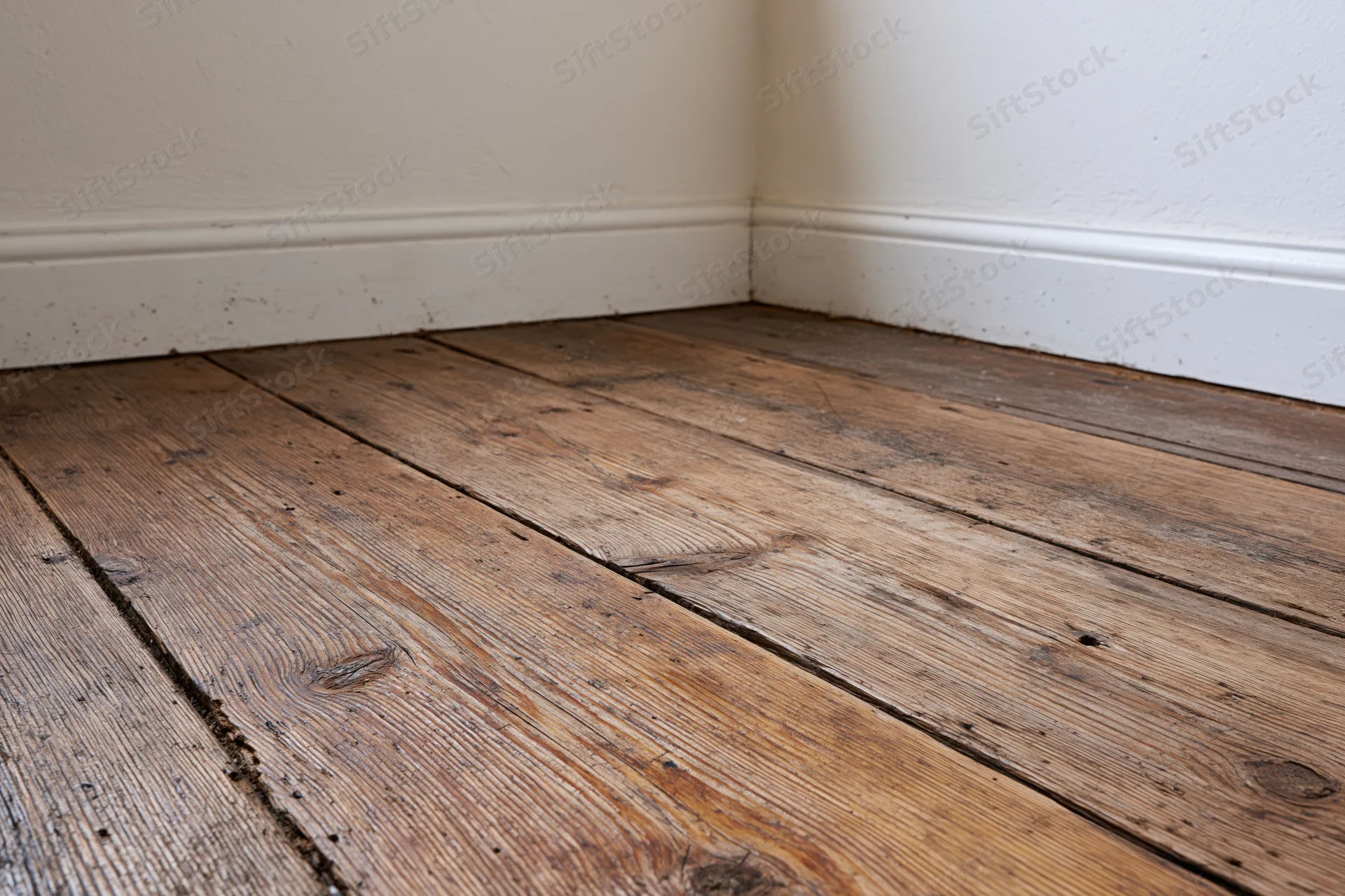 Worn dark brown wooden plank floor in interior corner with white baseboard and wall