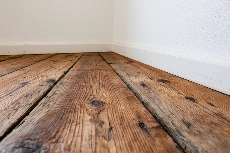 Worn dark brown wooden plank floor in interior corner with white walls and baseboard