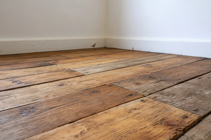 Worn wooden plank floor in empty interior corner