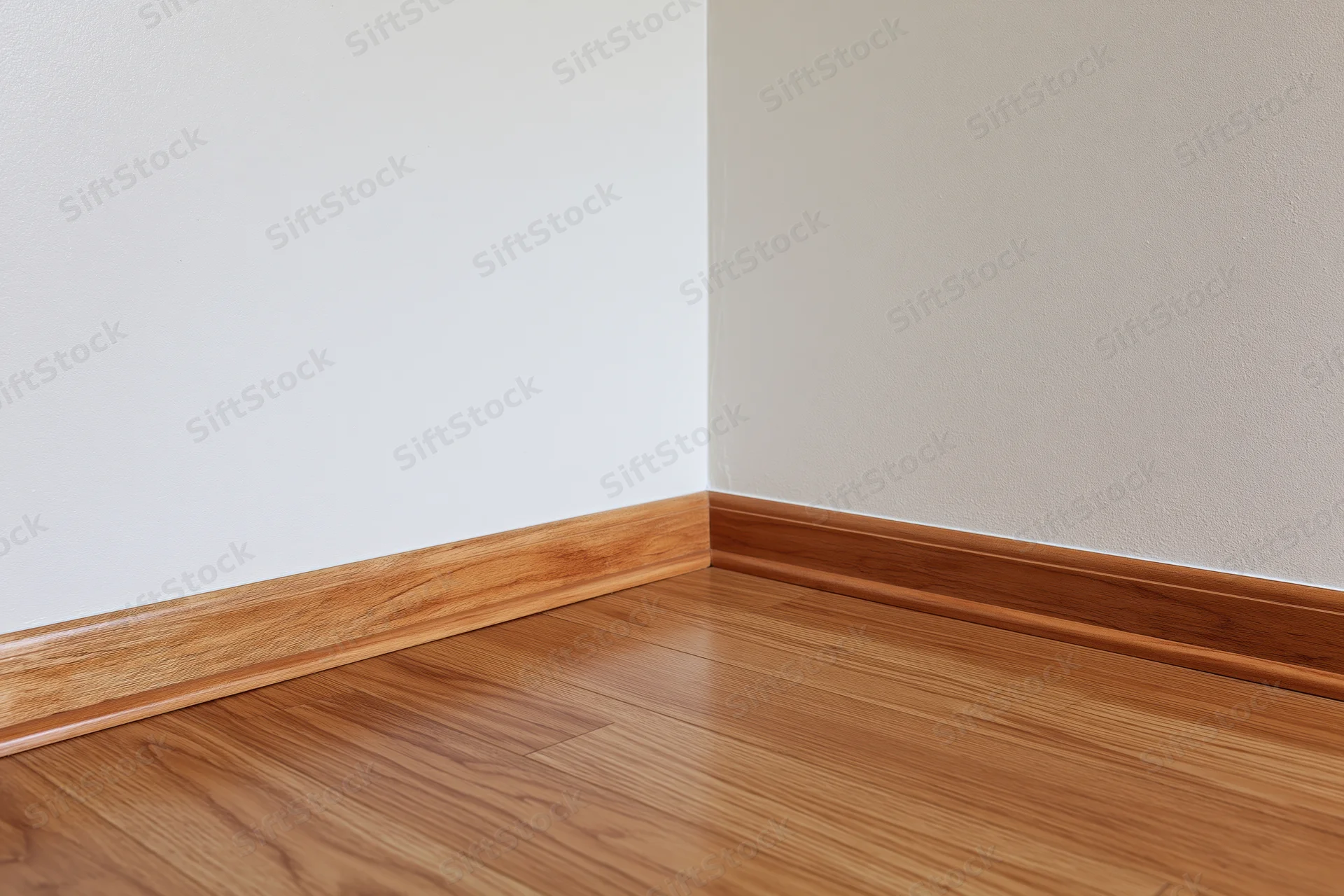 Empty room corner with hardwood flooring and off-white painted walls featuring wooden baseboard trim