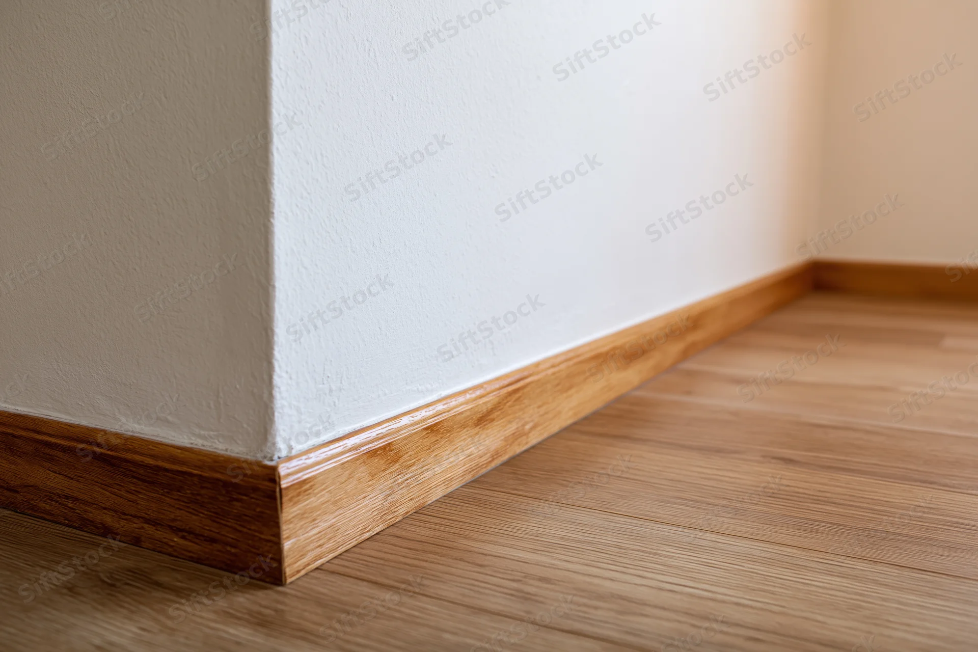 Empty room corner with off-white wall and wooden baseboard trim meeting light wood flooring