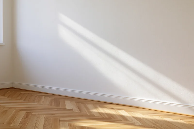 Empty room with white wall and light herringbone wood floor in corner, sunlight casting shadows