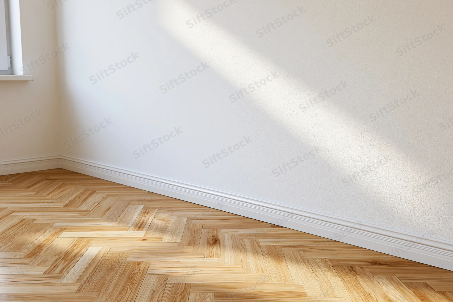 Empty room with white walls and light herringbone wood floor in corner view