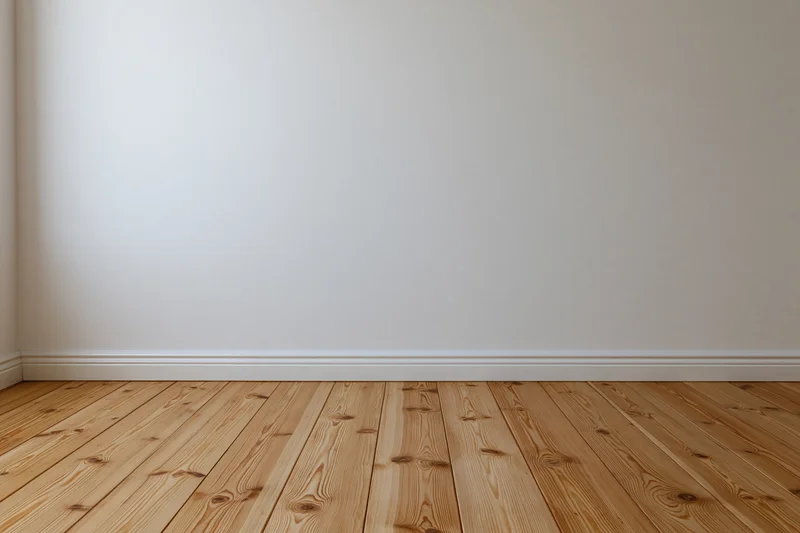 Empty interior room with plain white wall and bare wooden floor