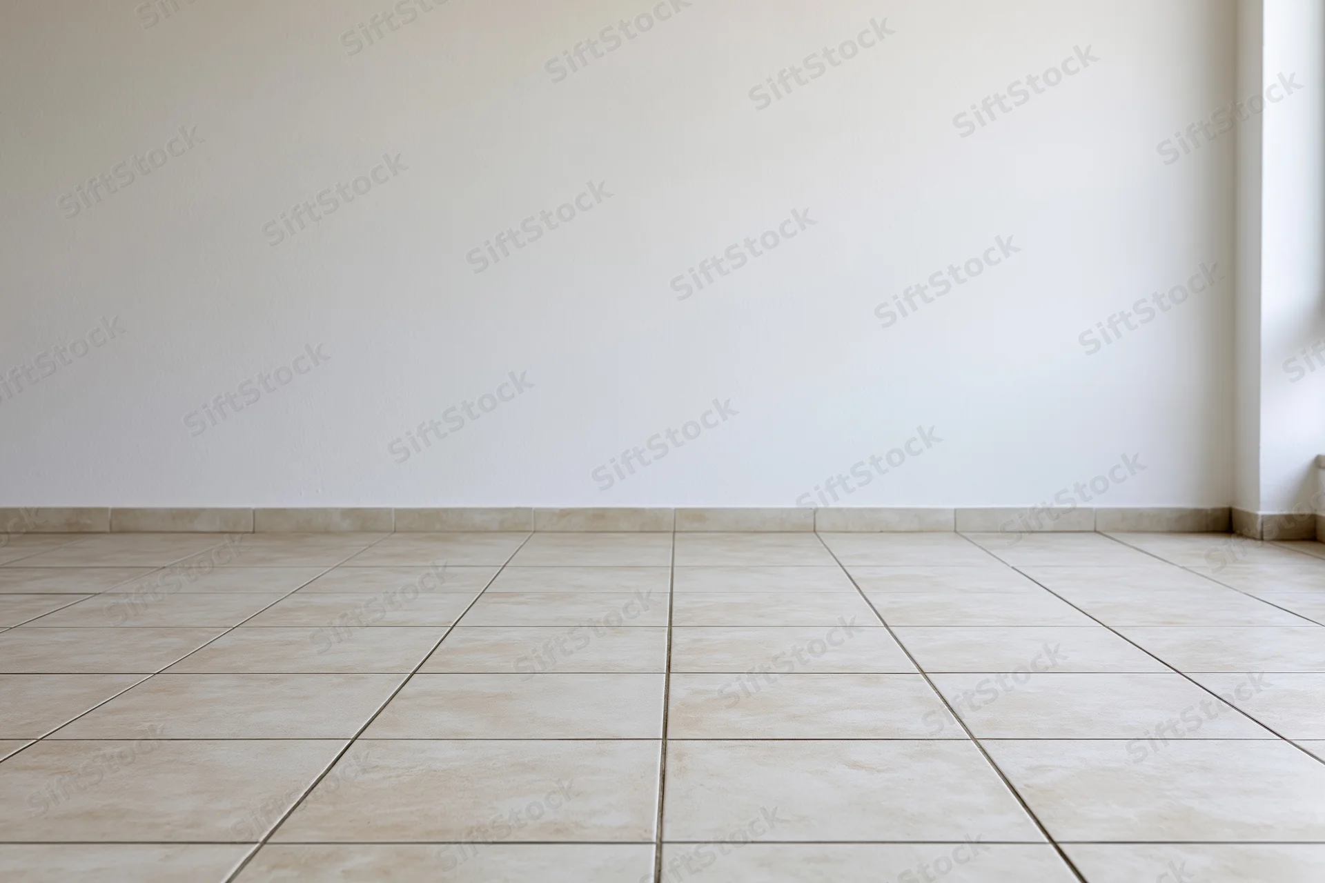 Empty room with plain white wall and beige tiled floor showing corner and baseboard