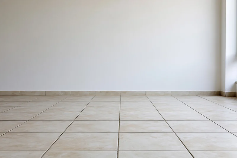 Empty room with plain white wall and beige tiled floor showing corner and baseboard