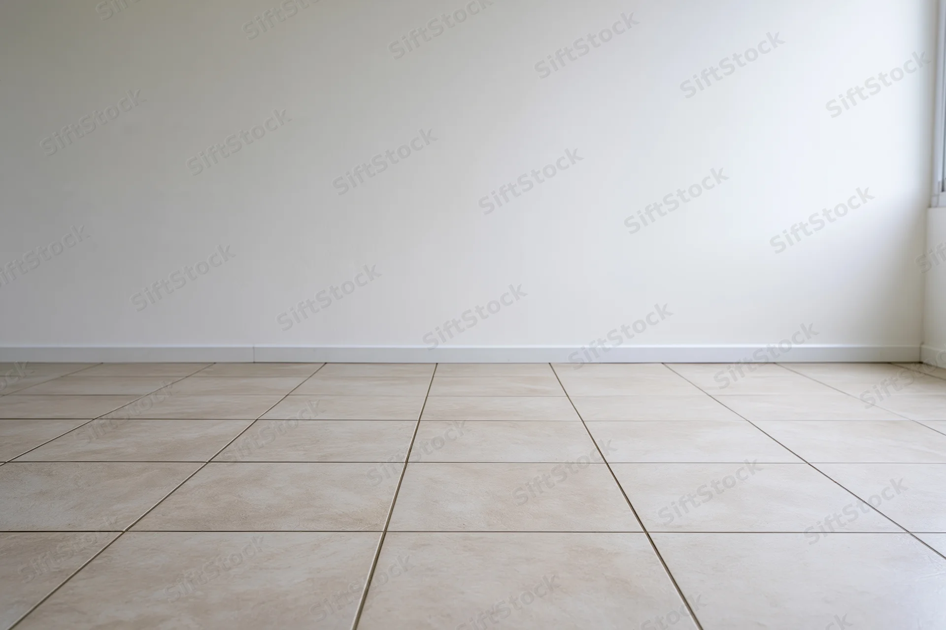 Empty interior room with plain white wall and beige tiled floor