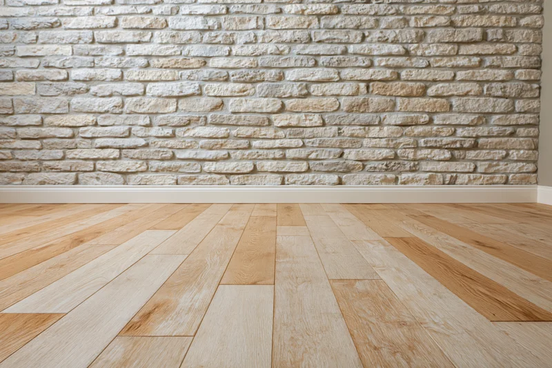 Empty interior room with whitewashed stacked stone brick wall and light wood plank flooring