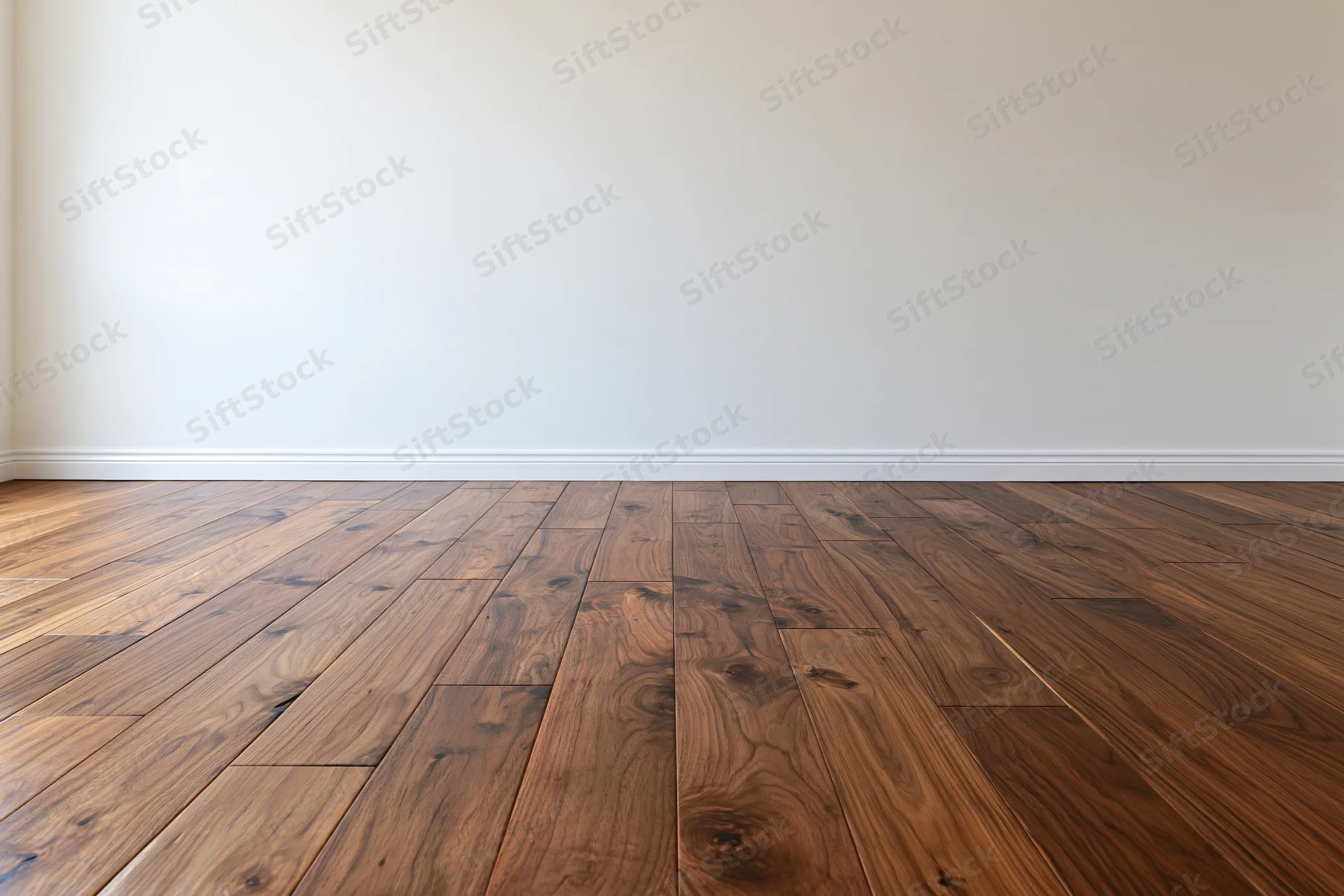 Empty room with hardwood flooring and white wall meeting at baseboard