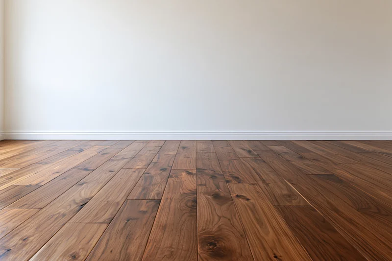 Empty room with hardwood flooring and white wall meeting at baseboard