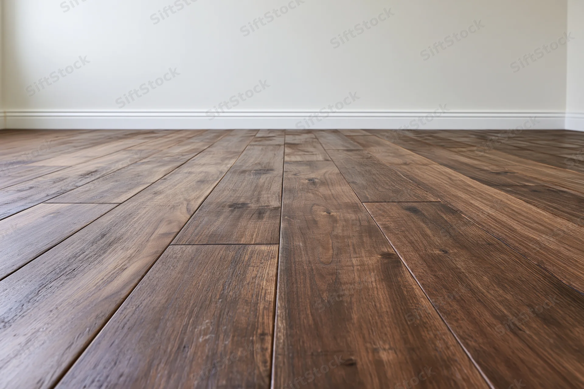 Dark walnut hardwood floor planks arranged in a straight pattern in an empty interior room
