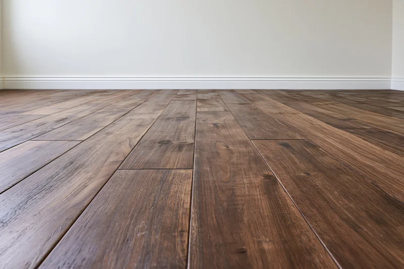 Dark walnut hardwood floor planks arranged in a straight pattern in an empty interior room