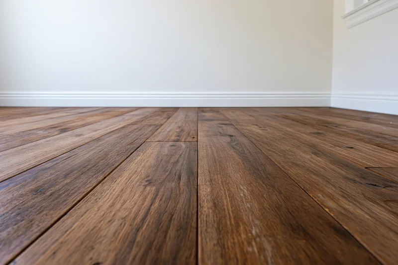 Dark walnut hardwood floor planks arranged in a straight pattern in an empty interior room with white walls and baseboard trim