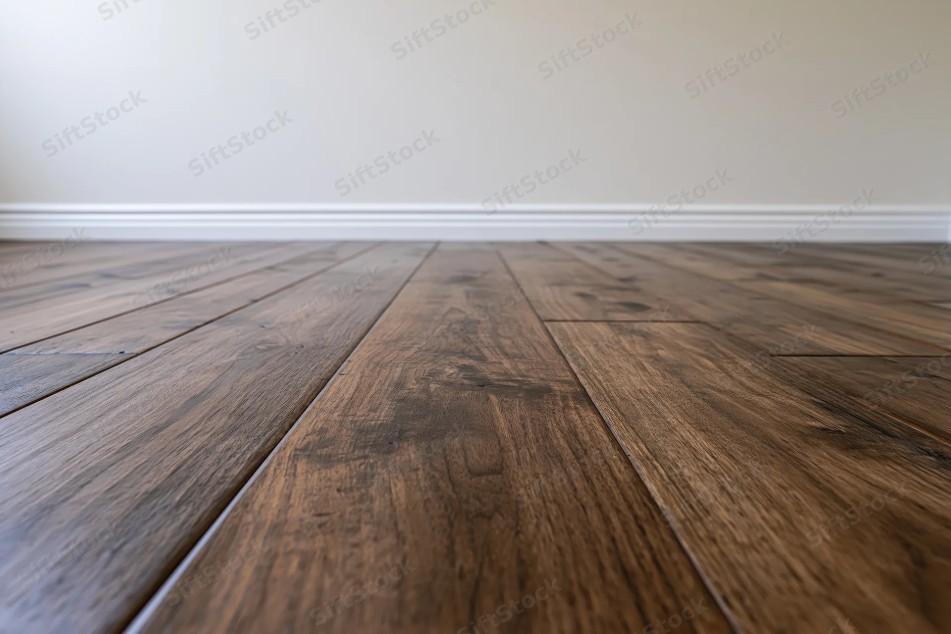 Dark walnut hardwood floor planks in an empty interior room with white baseboard and beige wall