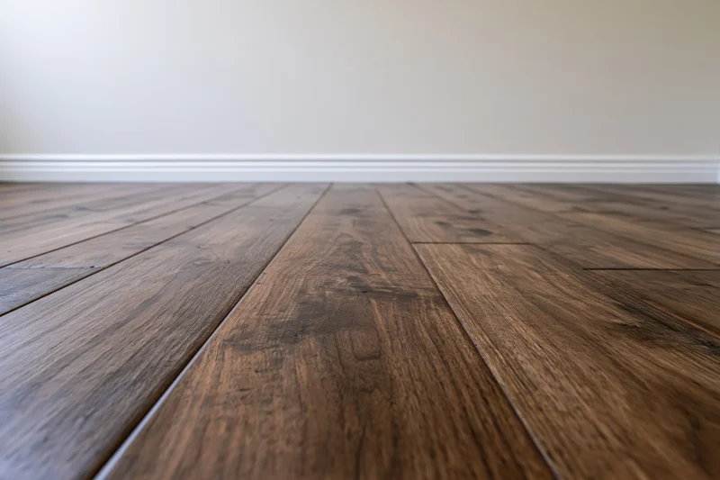Dark walnut hardwood floor planks in an empty interior room with white baseboard and beige wall