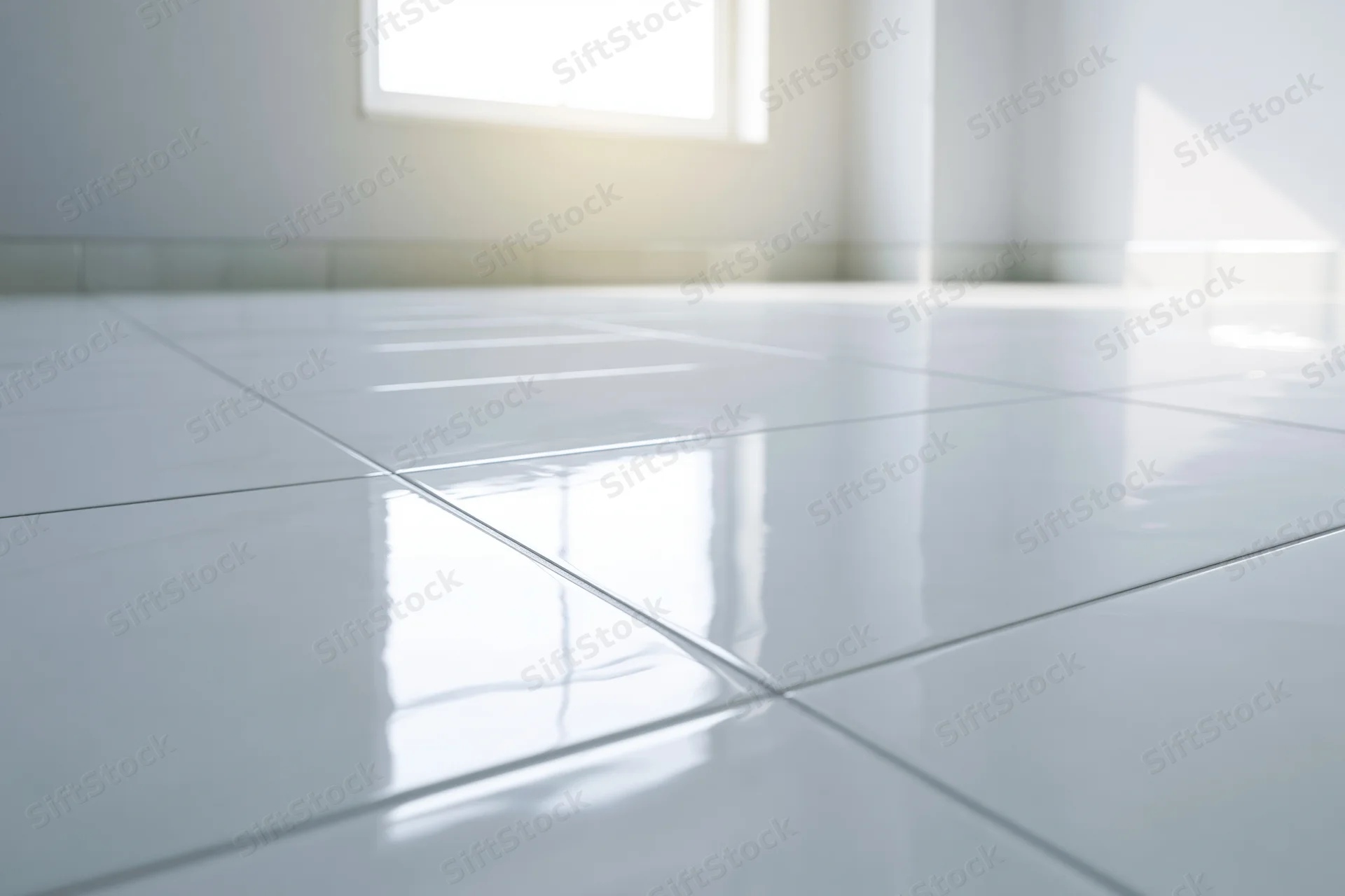 Glossy white ceramic floor tiles reflecting sunlight in an empty interior room
