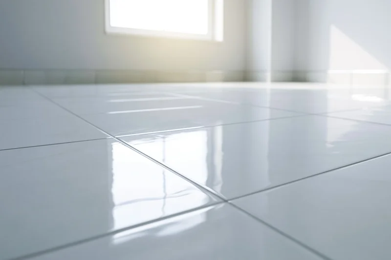 Glossy white ceramic floor tiles reflecting sunlight in an empty interior room