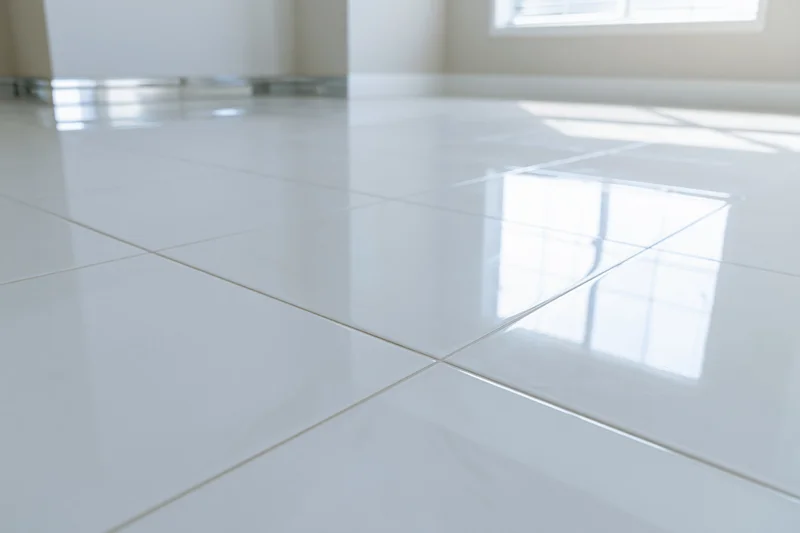 Glossy white ceramic floor tiles reflecting sunlight in an empty interior room