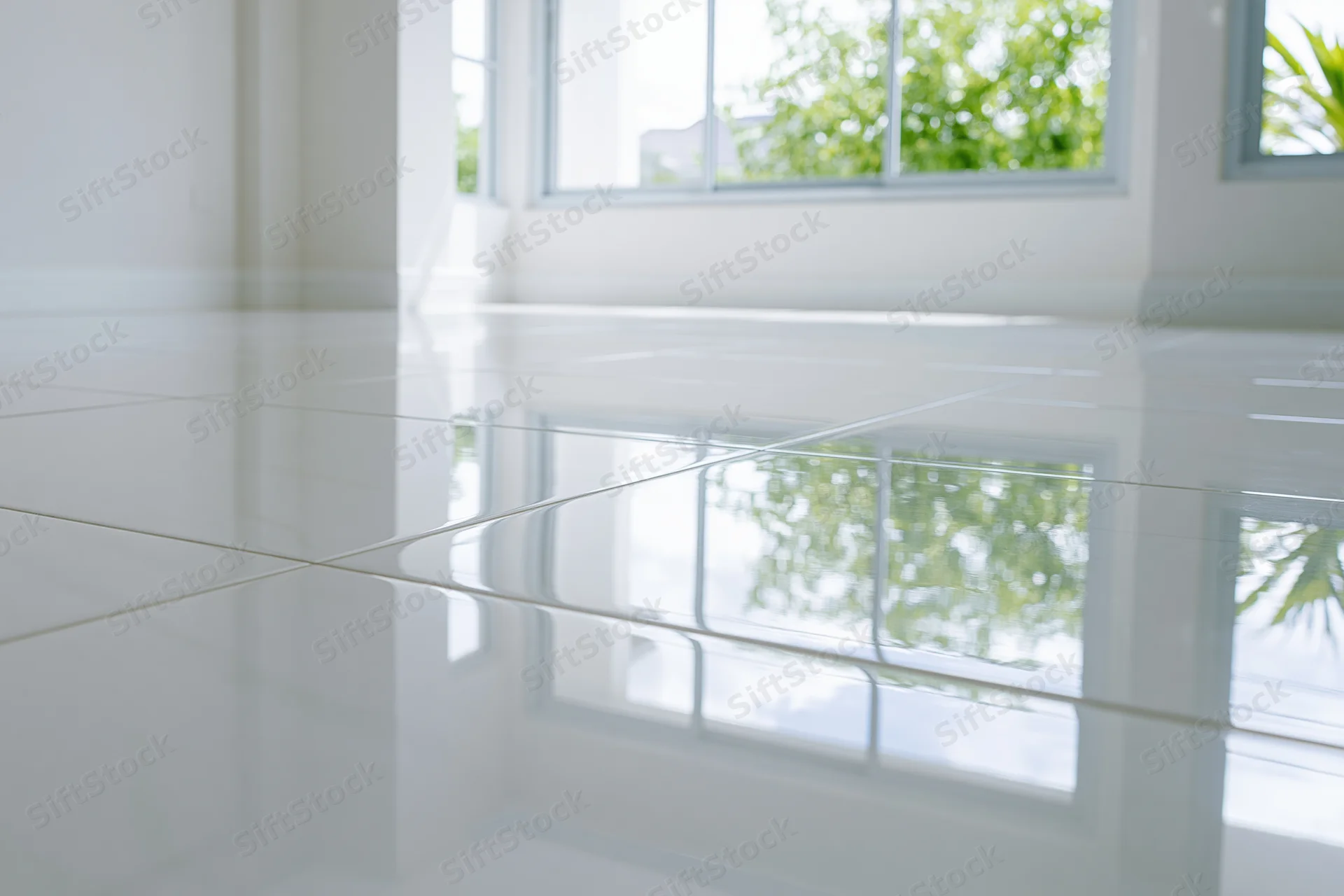 Glossy white polished tile floor reflecting windows and greenery in empty interior room