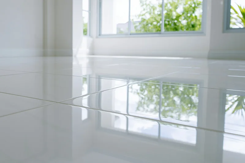 Glossy white polished tile floor reflecting windows and greenery in empty interior room