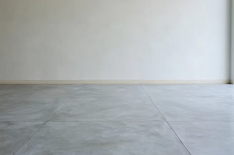 Empty interior room with smooth pale gray plaster wall and gray tiled floor