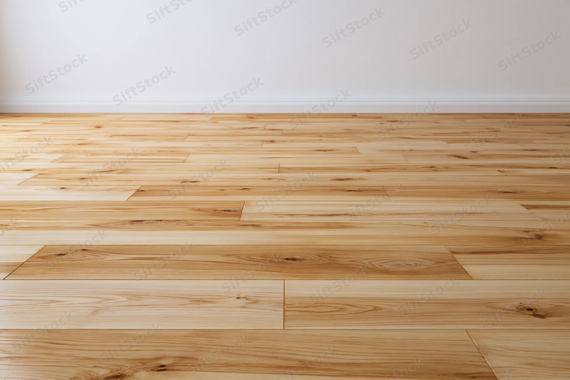 Light oak hardwood floor extending to a plain white wall with baseboard in an empty room