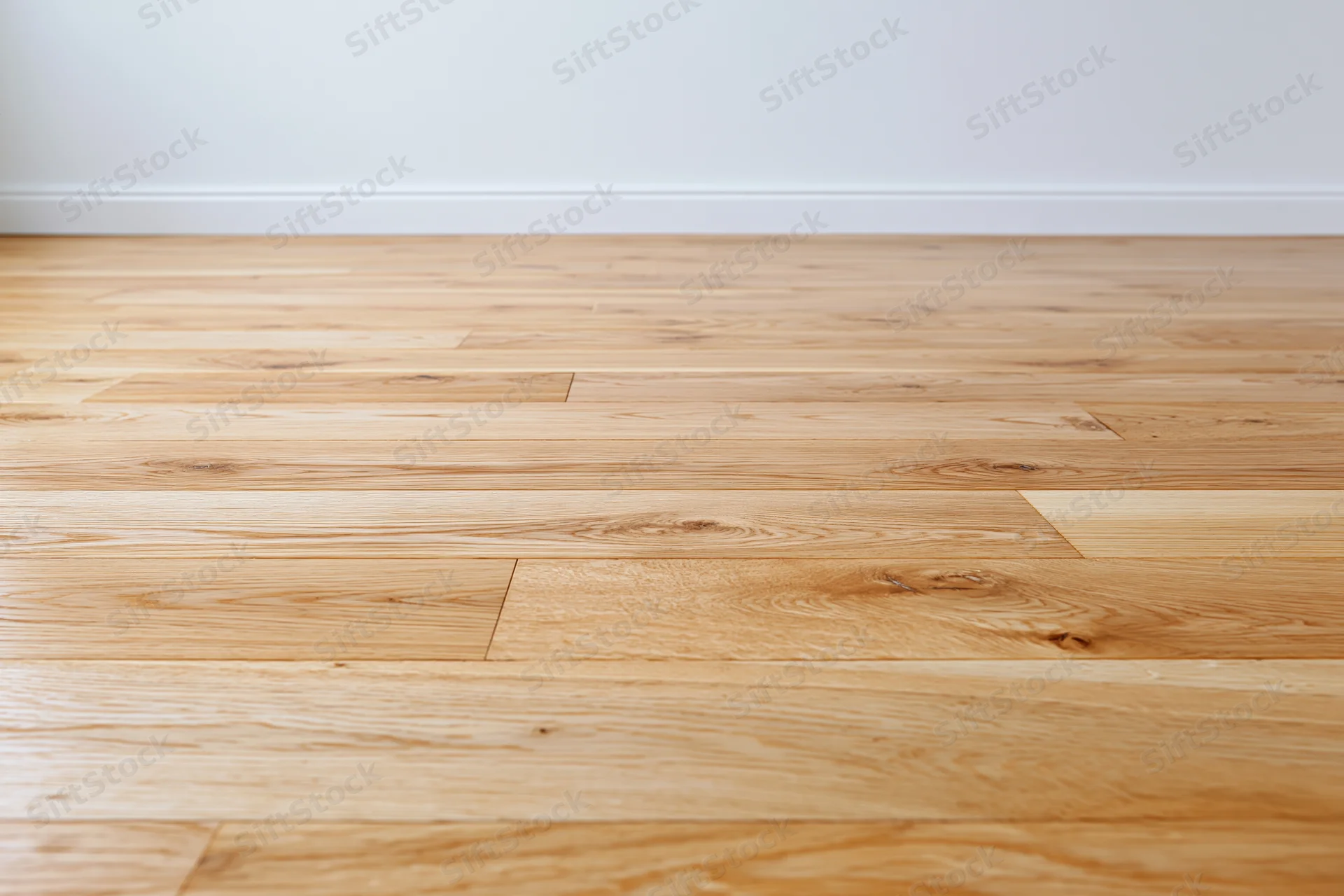 Light oak hardwood floor extending to a plain white wall with baseboard in a residential interior